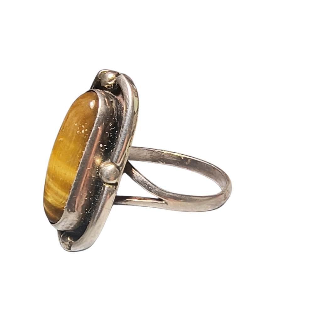 Vintage Tiger Eye And Sterling Silver Southwest Style Split Shank Ring - Picture 2 of 11